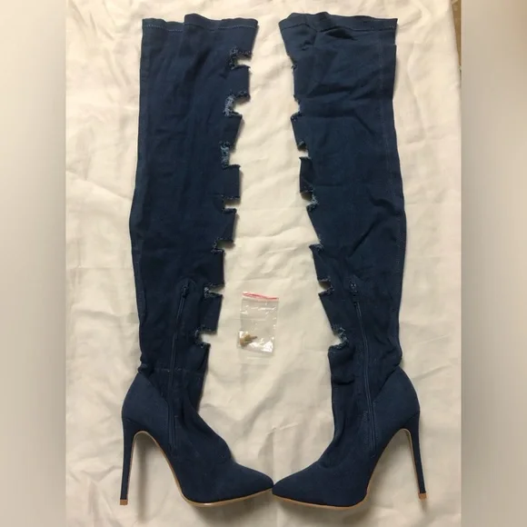THIGH HIGH DISTRESSED DENIM HIGH HEEL BOOTS SIZE: 8.5 - Picture 2 of 8